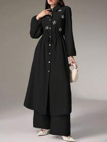 Modelyn 2件套优雅通勤水钻装饰长衬衫和裤子套装 - 黑色 - 查看 6