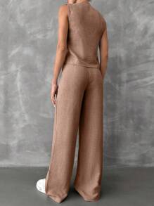 EURMUSE Áo ba lỗ cài nút màu trơn cỡ nhỏ và quần ống rộng - Lạc đà - Xem 2