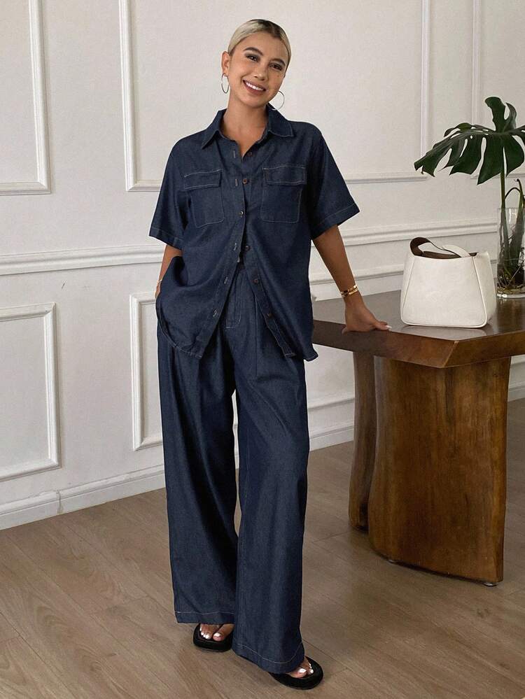 Women's Summer Loose Turndown Collar Short Sleeve Denim Shirt And Casual Long Pants 2 Pieces Set, Unisex Urban Casual Denim Outfit