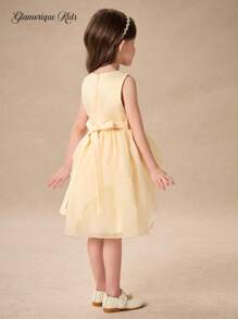 Glamorique Kids Girls' Princess Dress,Flower Girl Dress,Summer Apricot Asymmetric Hem,Silver Webbing,Back Strap Bowknot,Children's Birthday Wedding Festival Dress - Apricot - View 2