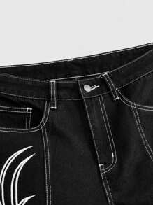ROMWE MEN Street Life Quần denim rộng rãi thường ngày thêu túi màu cho nam - màu đen - Xem 4