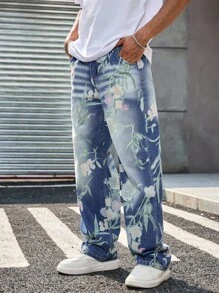 Manfinity LEGND 男士休闲玫瑰印花胡子条纹水洗宽松直筒牛仔裤，春夏