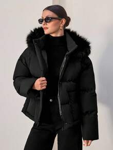 Women's Solid Color Long Sleeve Zipper Collar Faux Fur Hooded Winter Jacket - Black - View 3