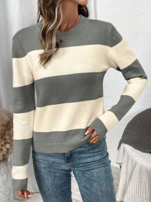 SHEIN Tall Women's Striped Round Neck Casual Versatile Sophisticated Contrast Color Vacation Knit Sweater, Spring/Autumn/Winter Knit Pullover Fall