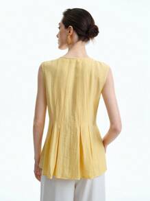 Aalyst 女士度假休闲优雅亚麻无袖纽扣领衬衫，奶油黄色，适合夏季、毕业典礼、独立日 - 芥末黃 - 查看 4