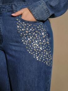 Anewsta جينز نسائي بقصة ساق مستقيمة مزين بالراين ستون والخرز، كاجوال وأنيق للمقاسات الكبيرة