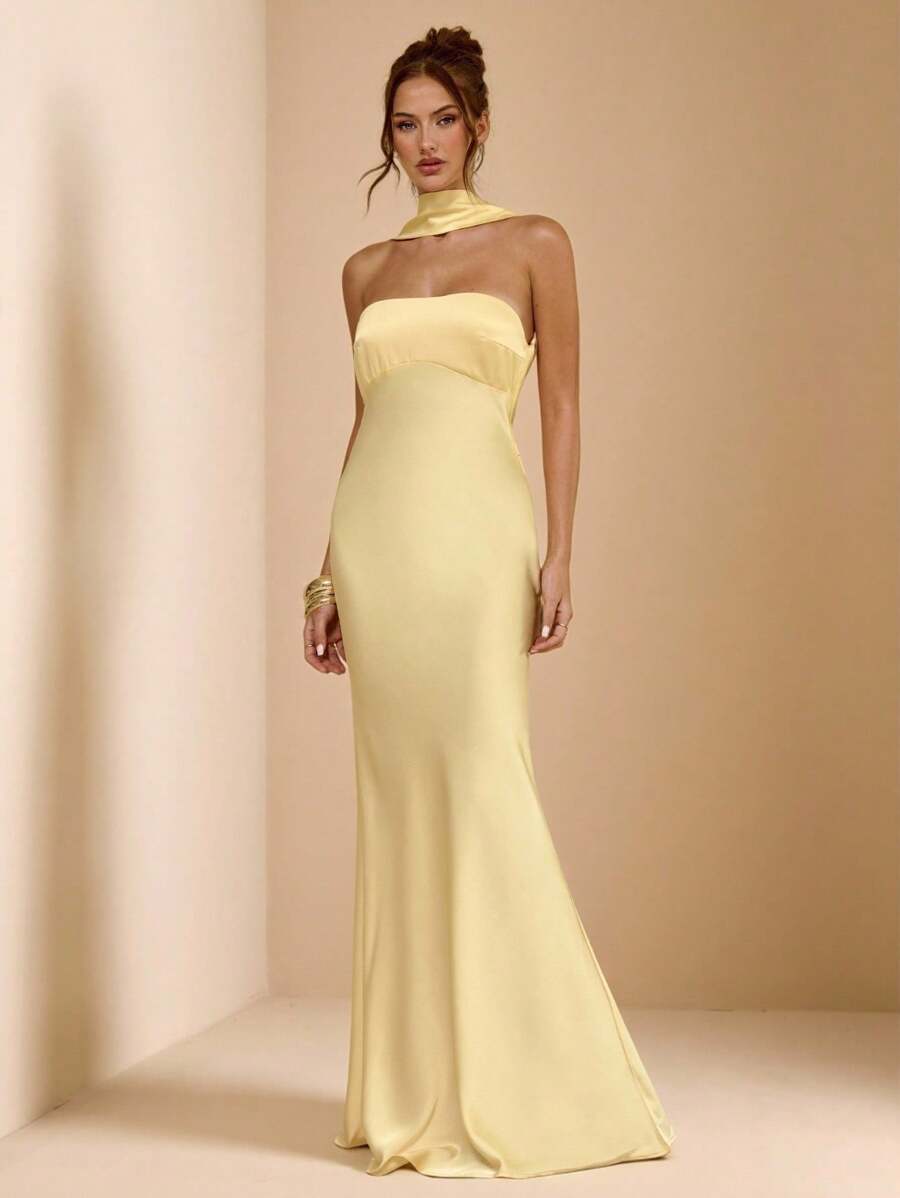 SHEIN BAE Elegant Pale Yellow Satin Halter Backless Maxi Dress For Women,Summer Dining Cocktail Party Wedding Guest Formal Occasion Bridesmaid Birthday Gown - Yellow - View 1