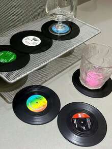 SHEIN 6 buc suporturi de pahare pentru discuri de vinil, pernă antiderapantă rezistentă la căldură, model vintage clasic retro american rock cu muzică CD, pernă izolatoare, decor pentru casă/