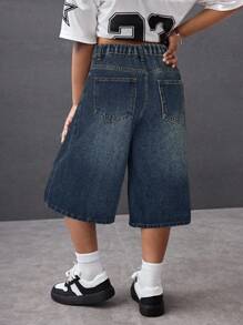 SHEIN 青少年女孩 Y2K 时尚休闲百搭街头服饰浅蓝色复古洗水牛仔宽松高腰百慕大短裤牛仔宽松长短阔腿牛仔裤，夏季海滩波西米亚风度假音乐会节日休闲狂欢，早午餐教堂毕业，街头服饰返校 - 藍色 - 查看 2