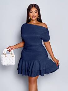 SOLERSUN 女士优雅派对日间杏色针织不对称领口长袖褶皱双褶迷你连衣裙 - 藏蓝色 - 查看 3