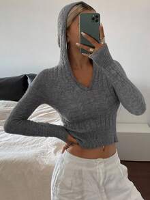 DAZY Áo len chui đầu dệt kim cáp ngắn bó sát có mũ trùm đầu cho nữ, quần áo mùa thu cho nữ, áo crop top cho nữ - Xám - Xem 3