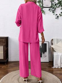 SHEIN Clasi Women's Linen-Like Casual Lapel NeckJacket And Pants Suit Set Powdered Rose Casual Outfits Spring Clothes For University Fall Cloth For Women