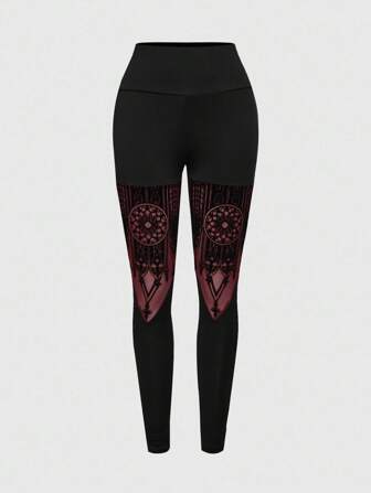 Goth Leggings elásticos ajustados con parches de estilo gótico castillo hueco para mujer