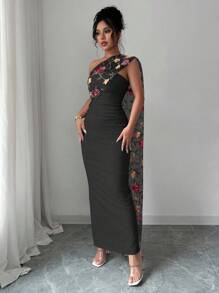 Elenzga 女士优雅花卉刺绣网眼拼布连衣裙 - 黑色 - 查看 5