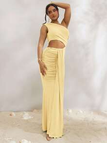 Silquee 女士夏季时尚纯色褶皱镂空单肩连衣裙 - 黃色 - 查看 8