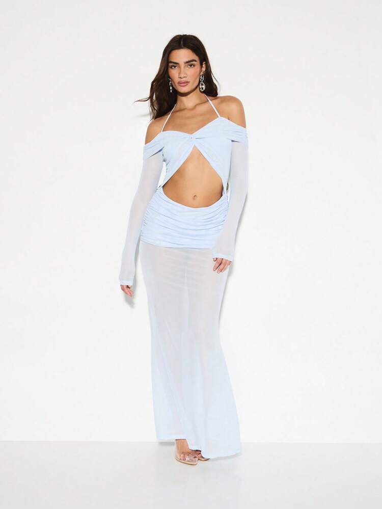 KIZN Off Shoulder Maxi Dress With Ruched Detailing And Mesh Sleeves