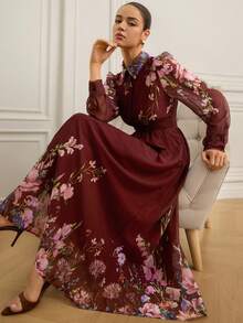 Chiquease Vestido elegante de manga larga con cuello de botón, cintura recogida, tela de gasa arrugada, mangas holgadas y diseño transparente para mujeres - Multicolor - Ver 1