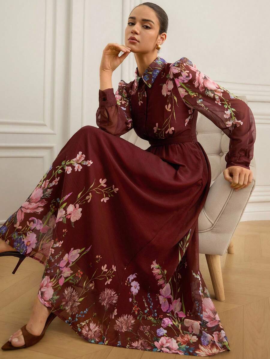 Chiquease Vestido elegante de manga larga con cuello de botón, cintura recogida, tela de gasa arrugada, mangas holgadas y diseño transparente para mujeres - Multicolor - Ver 1