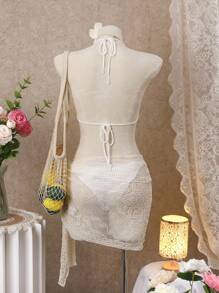 SHEIN Swim 2pcs/Set Women's Fashion Solid Color Beach Starfish Style Spaghetti Strap Backless Sexy Bikini Set For Summer Beach Vacation - White - View 2