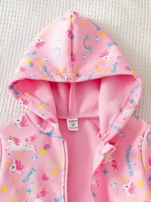 Elladie kids 1pc Young Girl Hooded Zip Up Cute Unicorn Print Lined Fleece Jacket Girls School Wear Pink Jacket Fall Winter - Pink - View 6
