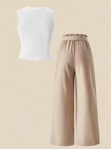 SHEIN 2pcs/Set Teen Girl Fitted Sleeveless Crew Neck T-Shirt And Loose Casual Wide Leg Pants Set Outfit Set Pants And Top Set - White - View 7
