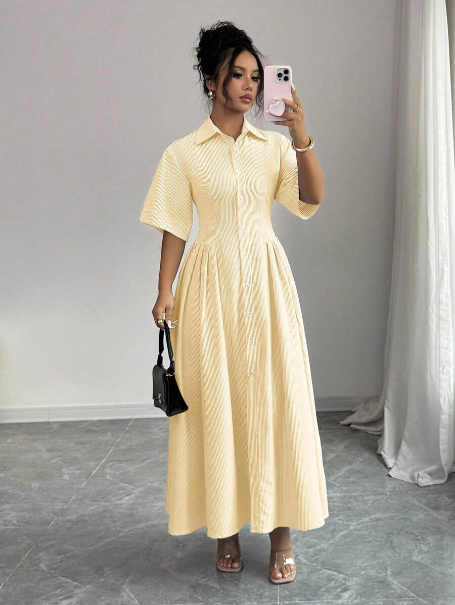 Elenzga Single-Breasted Design Striped Dress With Flared Hem - Yellow - View 1
