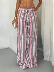 SHEIN Tall 女式高腰条纹亚麻裤，休闲海滩度假日常穿着飘逸阔腿裤，优雅自然风格，随机花卉图案秋季女装返校 - 彩色 - 查看 4