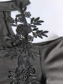 Selianne Elenzga 女士优雅性感时尚刺绣蕾丝花卉装饰 V 领不对称下摆长袖 T 恤，修身廓形，适合度假、约会、日常活动、派对、秋冬 - 黑色 - 查看 5