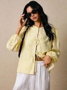 Poéselle 女士刺绣灯笼袖系带时尚衬衫，奶油黄上衣，可爱上衣，波西米亚风，外出上衣，商务休闲女装，度假女装，秋季女装，秋季上衣 - 黃色 - 查看 3