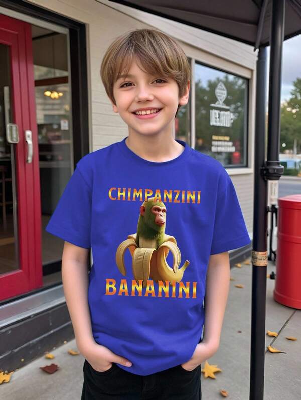 Tricou casual cu guler rotund și imprimeu de maimuță și banană pentru băieți