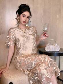 DAZY Women's Elegant Lace Round Neck Blouse And Skirt 2 Pieces Set - Beige - View 5