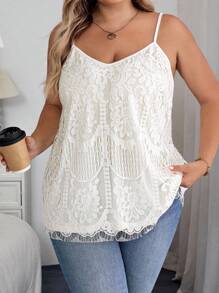 SHEIN CURVE+ 加大码女式花卉蕾丝宽松优雅吊带背心，女士假日服装，女士秋季服装，冬季，CURVE PLUS - 白色 - 查看 4