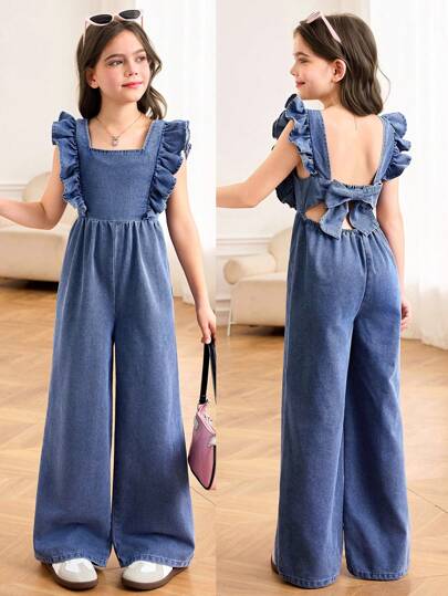 SHEIN Tween Girls Spring Summer Break Solid Washed Sleeveless Backless Openback Jumpsuit With Bowknot And Ruffle Trim,Casual Style And Casual Fit,Girls Summer Beach Boho Vacation Casual Outfits,Rave Concert Festival Outfits
