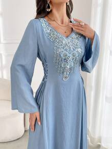 Al Najma 女式 V 领长袖宽松系带朴素连衣裙