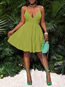 Slaydiva Plus Size Hollow-Out Jacquard Fabric Sleeveless Ruffle Hem Waist Cinched Mini Dress, Yellow Solid Color, Casual Beach Vacation, Spring/Summer Green Vacation Dress Women Summer Sundress Green Summer Dress