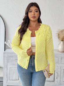 EMERY ROSE Áo len cardigan dệt kim khoét lỗ cỡ lớn mới cho nữ, nhẹ cho mùa xuân, mùa hè, đầu mùa thu - Màu vàng - Xem 3