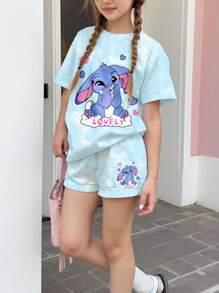 Leap Crew Bộ 2 món gồm áo thun ngắn tay cổ tròn và quần short màu xanh da trời nhạt nhuộm tie-dye, họa tiết thỏ Lulu hoạt hình dễ thương và họa tiết Stitch, thích hợp cho bé gái tuổi teen, kiểu dáng tối giản, phù hợp cho mùa hè. - Nhiều màu - Xem 3
