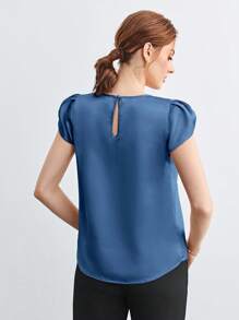 SHEIN BIZwear 女士纯色圆领褶裥装饰蝙蝠袖宽松短袖衬衫，优雅办公休闲衬衫，女士基础款上衣 - 藍色 - 查看 8