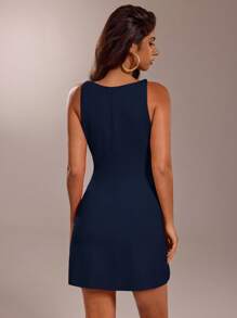 SHEIN Forever 21 Đầm mini thời trang không tay cổ tròn màu trơn dành cho nữ - Màu xanh hải quân - Xem 2