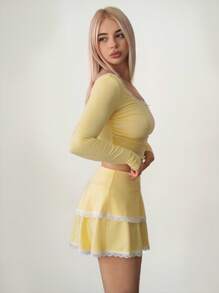 Sweetina 女士两件套黄色蕾丝蝴蝶结内衣套装，性感纯真风格秋季女装 - 黃色 - 查看 3