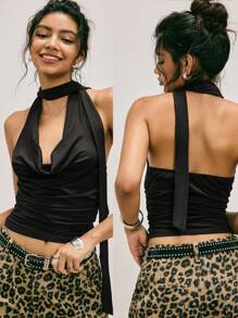 Easelle 女式复古性感黑色辣妹 Y2K 修身露背上衣，适合外出穿着 - 深灰色 - 查看 2