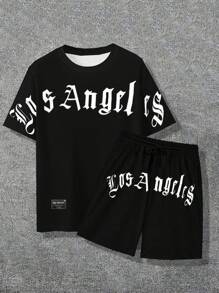 Manfinity LEGND Conjunto de camiseta casual y pantalones cortos para hombre, apropiado para el verano