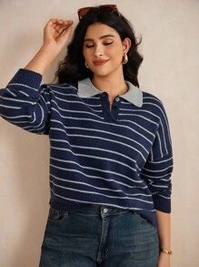 Elaquor Plus Size Women's Drop Shoulder Long Sleeve Striped Blue Polo Sweater In Fall/Winter - Blue - View 5