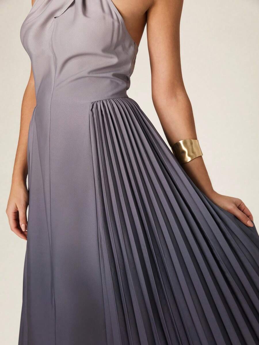 Modelyn Women's Ombre Pleated Hem Criss-Cross Neck Elegant Mid-Length Dress