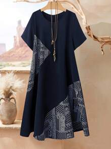 Rusticease 大码女式休闲腰果印花圆领宽松短袖连衣裙，度假风