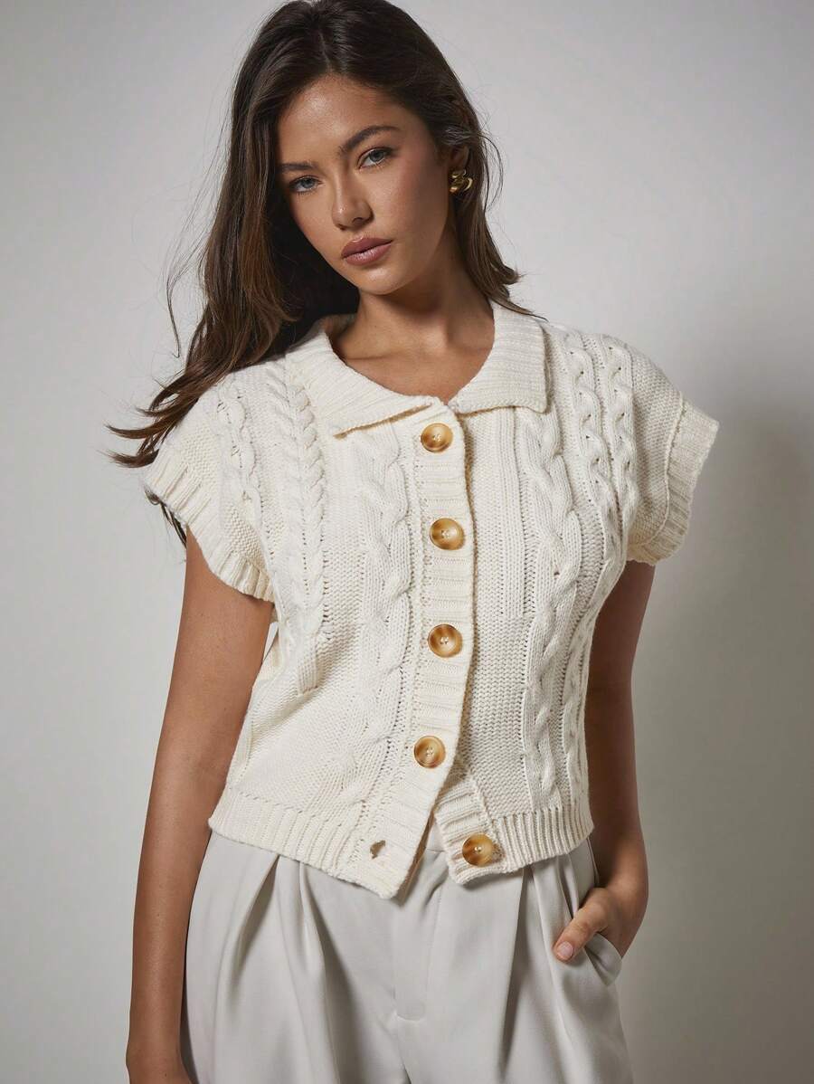 COSMINA Blusa casual de punto de manga corta con patrón de cable retorcido y escote de murciélago para mujer - Crema - Ver 1