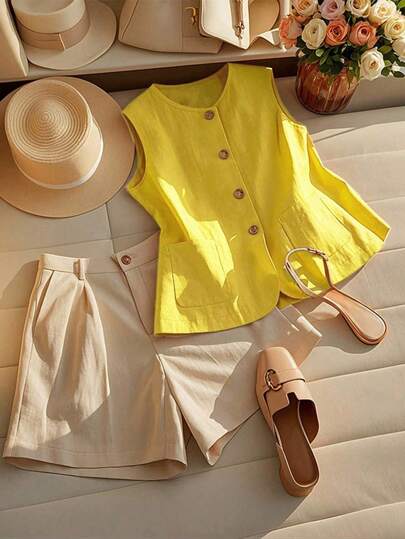 GlowEve Camisa sin mangas de unicolor informal de mujer con un solo botón, para el verano