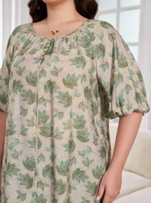 Lacomfia Conjunto de 2 peças plus size primavera/verão, gola redonda, mistura de algodão, estampado, solto, casual e confortável - Verde Azeitona - Ver 5