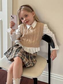 SHEIN Young Girl Ribbed Knit Sweater Vest With Cable Texture, Elegant & Cute, High Quality, Warm & Soft, Versatile For Play, Daily Wear, School, Autumn & Winter,Pairing White Shirt,Back To School Season.College Style, Girls Sweater Vest Cable Knit Sweater Vest Tween Sweater Vest Girls Knitted Vest Kids Sweater Vest Fall