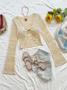 Soleia 女式杏色波西米亚开衫，适合节日、约会、下午茶、休闲、海滩、游轮、公路旅行、婚礼季、音乐节、波西米亚度假奶油色钩针上衣钩针开衫钩针系带上衣女式钩针服装秋冬田园风上衣 - 杏色 - 查看 6